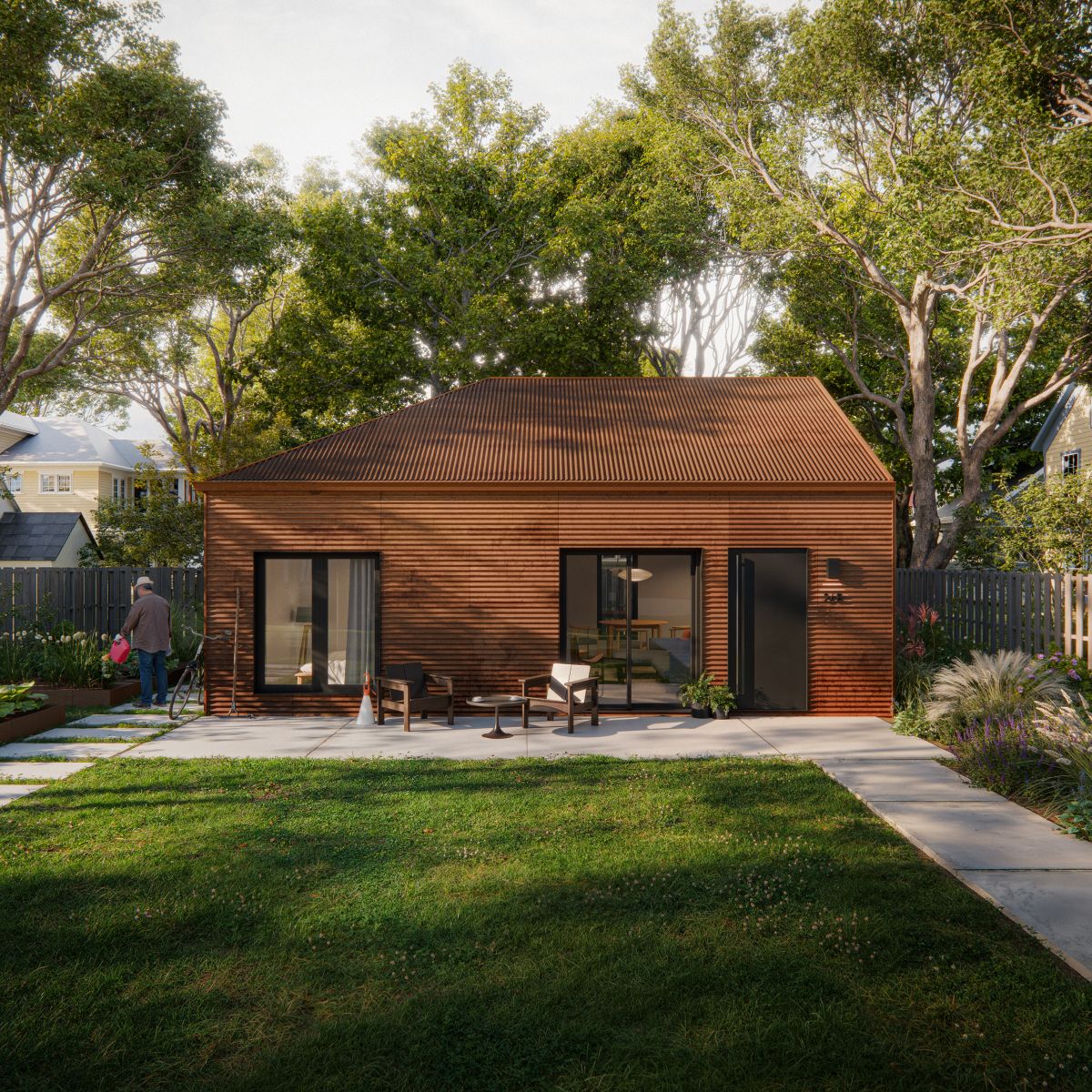 A 3D rendering of a backyard ADU with a warm wood clad exterior in a lush garden setting. The inviting patio features outdoor seating, while large windows and sliding doors which connect the indoor and outdoor spaces.